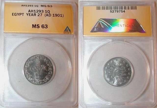 1901 Egypt Copper-Nickel Coin 1 Qirsh Ottoman Sultan Abdul Hamid II ANACS MS 63