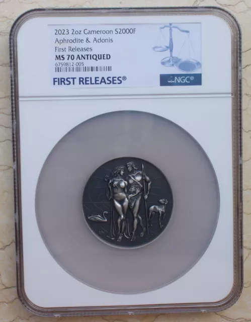 NGC MS70 Antiqued 2023 Cameroon 2oz Silver Coin - Aphrodite & Adonis