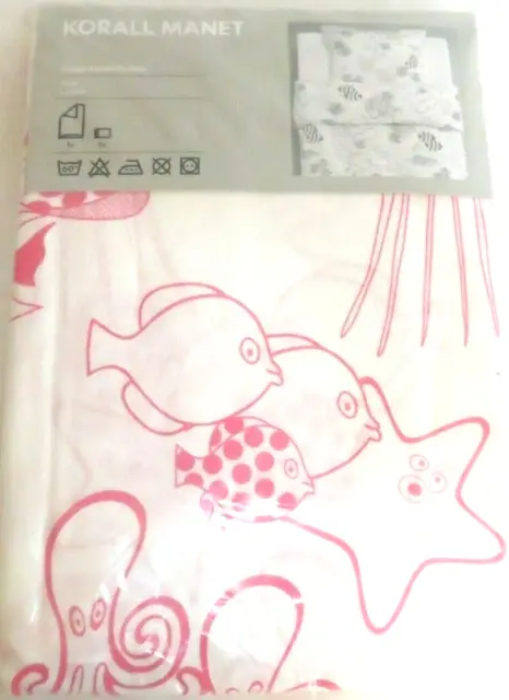 Ikea Korall Twin Manet Cotton Duvet Cover / Pillow Sham Fish Pink/White NEW