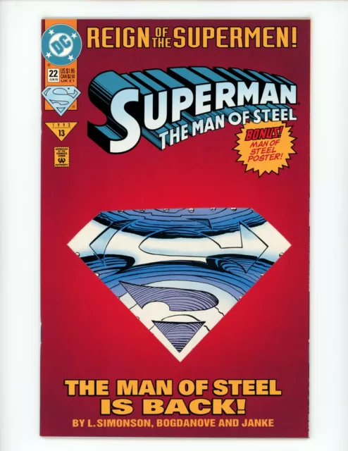Superman Man of Steel #22 Comic Book 1993 VF/NM DC Die-Cut Cover Comics