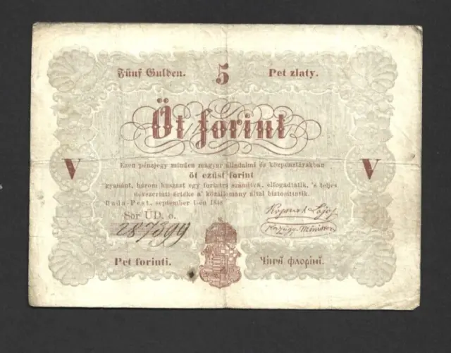 5 Forint Fine  Banknote From Rebell Government Of Hungary 1848  Pick-S116 Brown