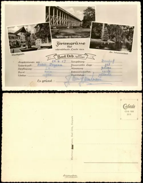 Bad Orb Mehrbild-AK Feriengrüße mit Marktplatz, Schwanenteich 1951