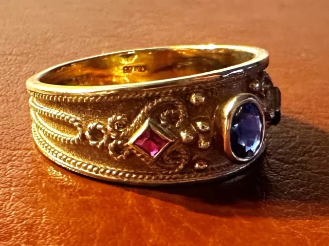 STUNNING! Byzantine Cocktail Ring 22K Gold Blue Sapphire and Ruby Ring Size 9.5