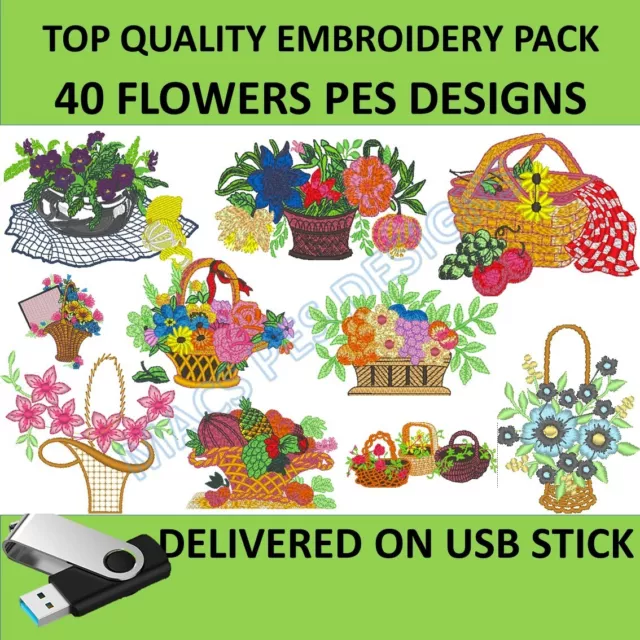 Flowers PES embroidery pack on USB 40 designs files to embroider plants flower