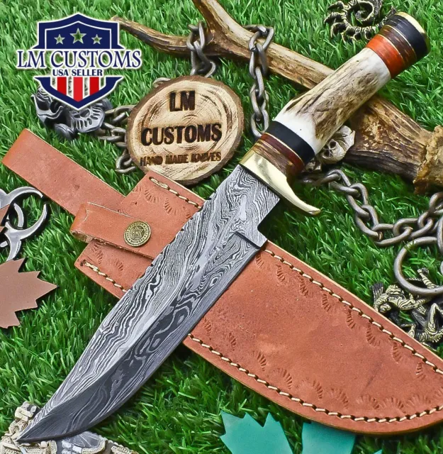 Hand Crafted Bowie Knife Damascus Stag Antler Brass Guard Sports Best Selling