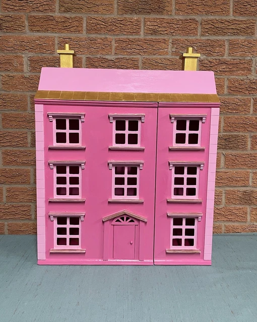 4STOREY WOODEN DOLL’S House Mansion Painted Pink & Gold with Furniture