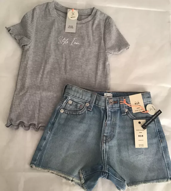 River Island Mini Girls Aged 3-4 Years Ribbed Top Jeans shorts Outfit BNWT