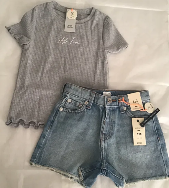 River Island Mini Girls Aged 4-5 Years Ribbed Top Jeans shorts Outfit BNWT