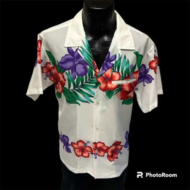 Vtg 60's Men BRIGHT White FLORAL Red Purple HIBISCUS Hawaiian ALOHA Beach Shirt