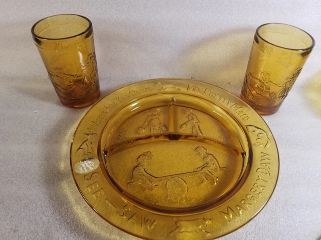 Tiara Indiana Glass Amber Child's Nursery Rhyme 2 Tumblers, 3 Compartment Plate