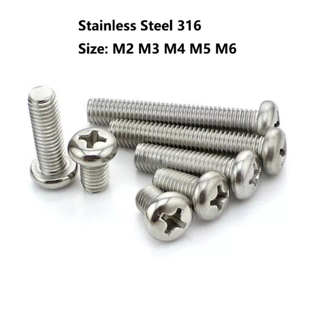 M2 M3 M4 M5 M6 M8 Metric Pan Phillips Machine Screw 316 Stainless Steel