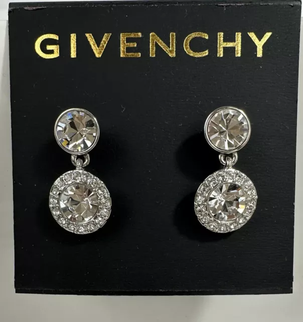 GIVENCHY Pave Clear Round Crystal Drop Silver-Tone Stud Earrings NEW