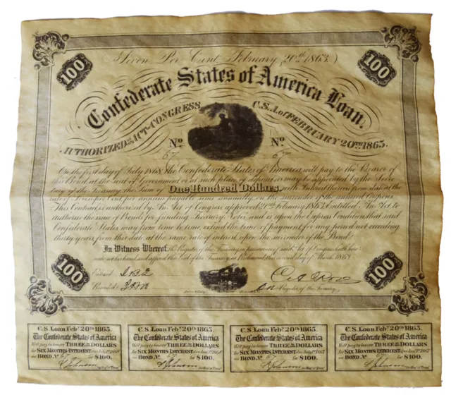 American Civil War Replica Confederate $100 War Bond printed On Parchment Paper 3