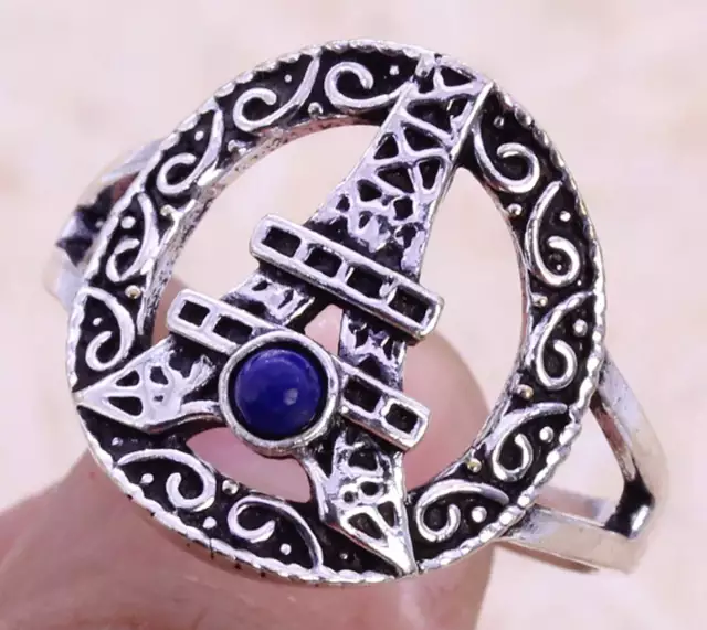 Impresionante anillo de lapislázuli plateado 925 étnico de EE. UU. talla 10