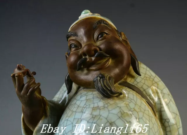 11'' Old Chinese Wucai Porcelain Landlord People Person Man Bat Animal Statue 2