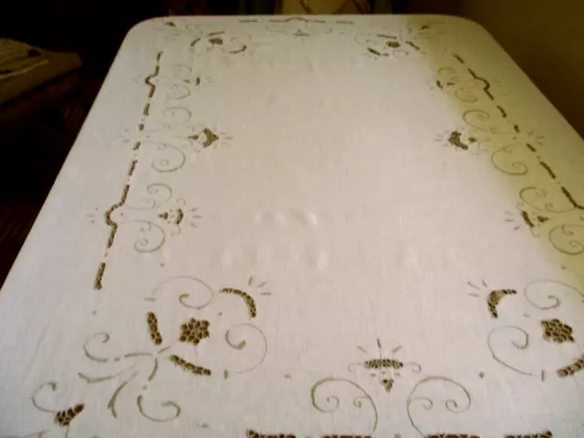 Vintage Madeira tablecloth, lnen with  light taupe scrolls and open work