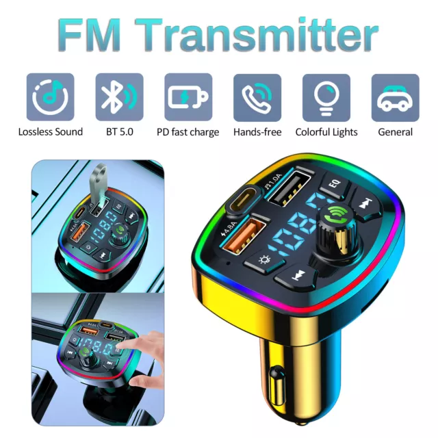 Bluetooth Fm Transmitter With Dual Mic, [one Key To Turn Off Fm] Handsfree  Wireless Car Kit With 3 Usb Ports (pd18w & Qc3.0), 9 Colors Led Backlit, Su
