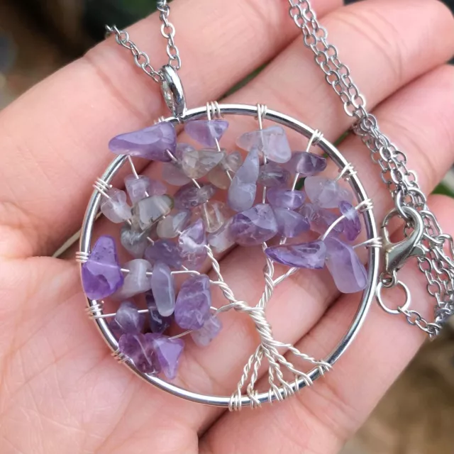 Natural Amethyst Gems Tree Of Life Necklace Chakra Reiki Healing Amulet