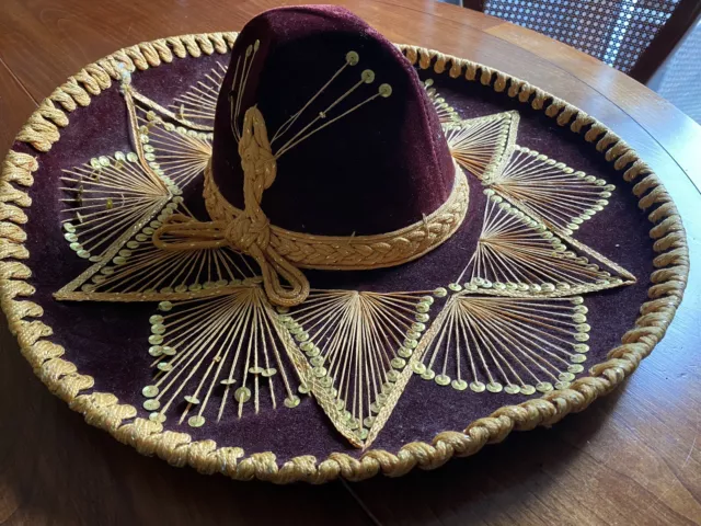 Original Vintage Mexican Sombrero Pigalle Burgundy And Gold