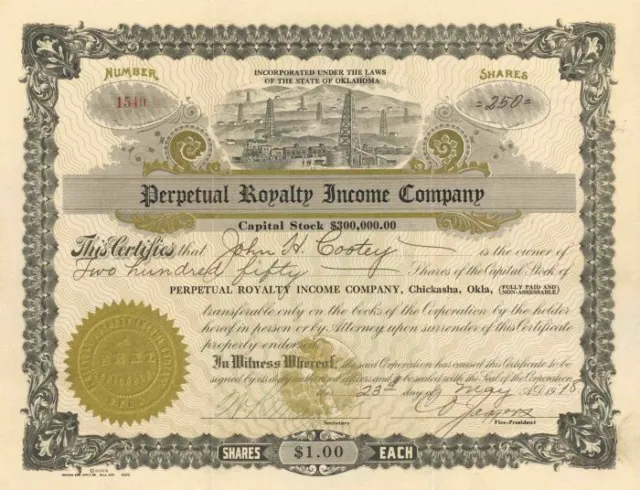 Perpetual Royalty Income Co. - Stock Certificate - Oil Stocks and Bonds