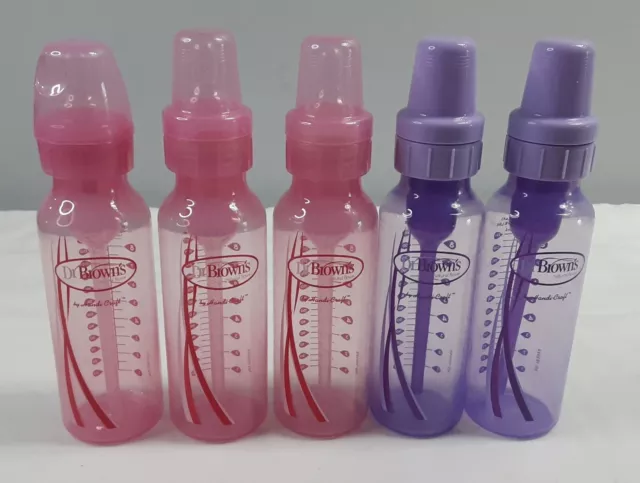 New, Set of 5 Mixed DR. BROWNS Natural Flow 8oz Baby Bottles Pink/Purple.