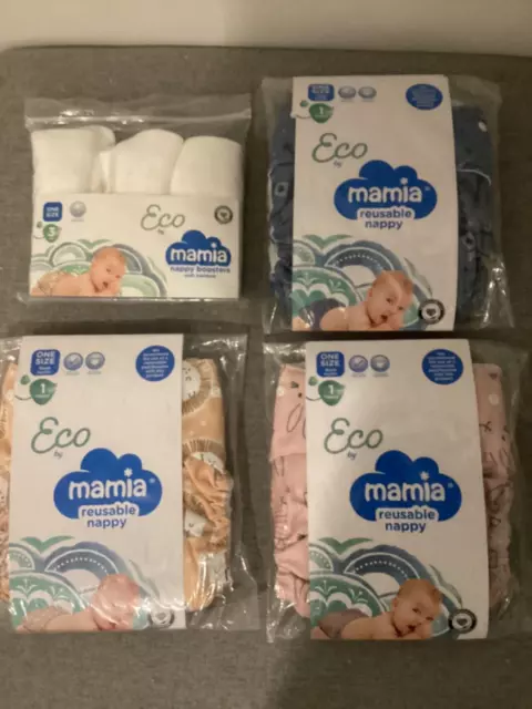 Mamia Reusable Nappy x 3 and 3 Mamia Nappy Boosters 3 Designs One size fits all