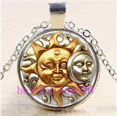 SUN AND MOON FUSION Cabochon Glass Tibet Silver Chain Pendant Necklace