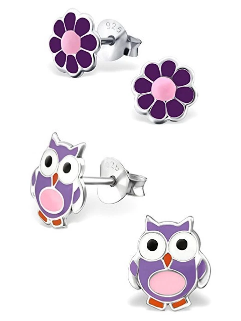 Set of 2 Pairs 925 Sterling Silver Kids Girls Lot Stud Earrings (Nickel Free)