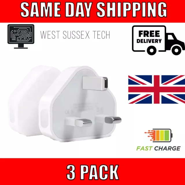 3 Pack UK USB Wall Charger 3 Pin Plug Mains Adapter For Phones, Tablets Power