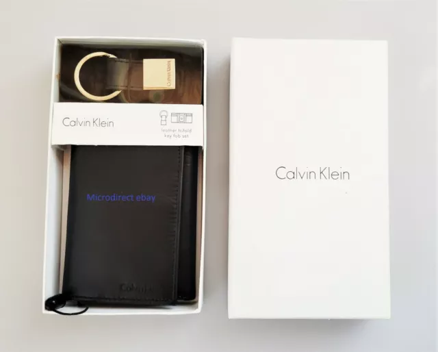 New Calvin Klein CK Men TriFold lD Holder Leather Purse Wallet + Key Fob Set