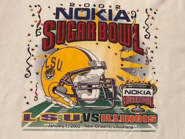 Vintage  LSU vs Illinois 2002 Nokia Sugar Bowl Gildan White T-Shirt Men Size XXL