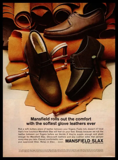 1965 Mansfield Slax Casual Leather Shoe Cobbler Tools Vintage Bostonian Print Ad