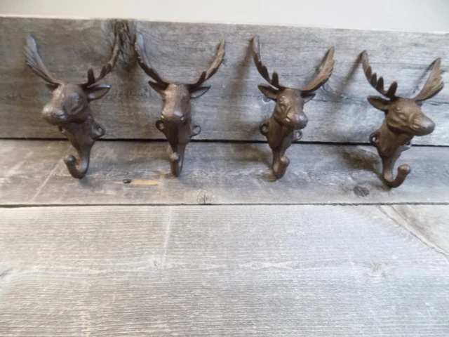 4 Rustic Elk Deer Moose Head Hooks Cast Iron Coat Hook Rack Restoration Hat