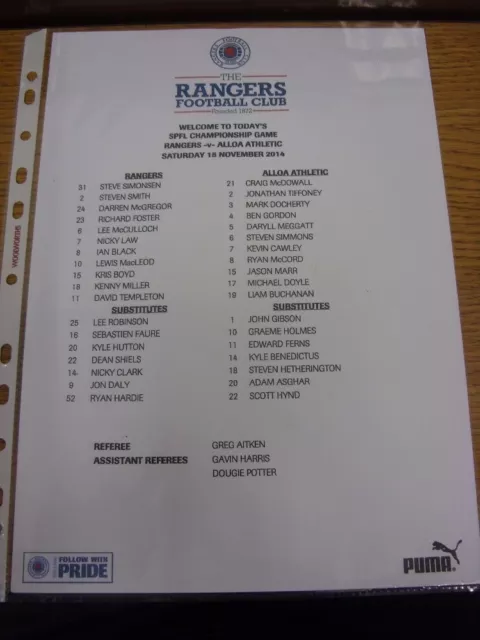 15/11/2014 Colour Teamsheet: Rangers v Alloa Athletic  . Thanks for viewing our