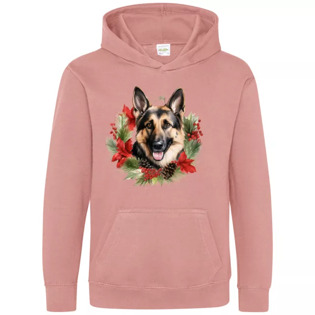 German Shepherd Christmas Wreath Hoodie For Kids Dog Walking Animals Owners P...