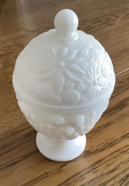 Vintage AVON White Embossed Milk Glass Lidded Trinket / Candy Jar - Floral Retro