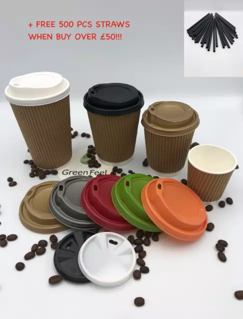 KRAFT RIPPLE TRIPLE WALL PAPER CUPS 500 x 12oz HOT DRINK DISPOSABLE COFFEE & LID