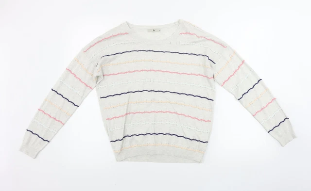 TU Womens Beige Scoop Neck Striped Polyester Pullover Jumper Size 12