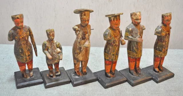 Original Old Vintage Set of 6 Hand Carved Painted Wooden Musician Figurine set