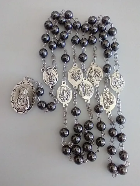 Catholic 7 Seven Sorrows of Mary Rosary Chaplet Hematite Beads Silver Tone