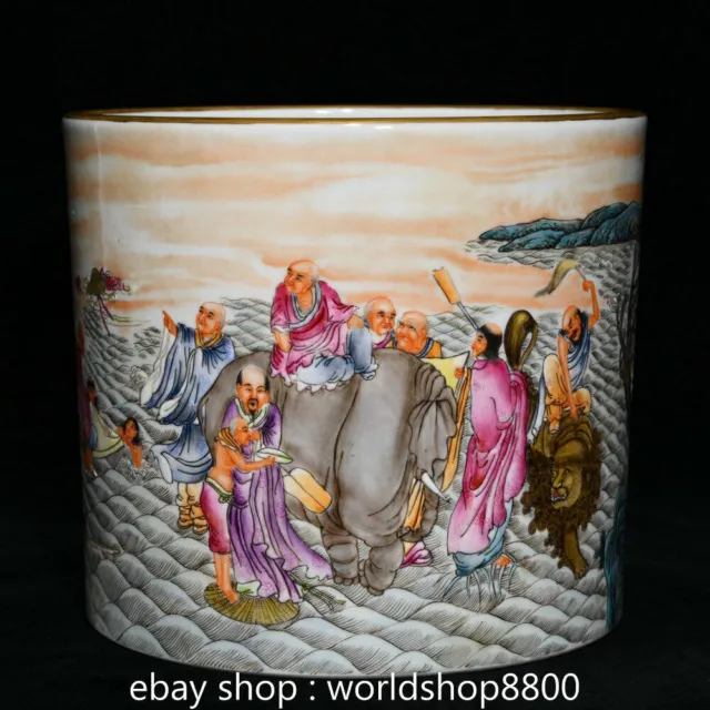 7.6" Qianlong Marked Old Porcelain Dynasty eighteen arhat Brush Pot Pencil Vase