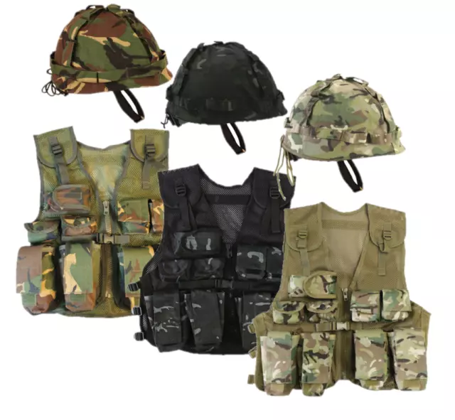 Kombat UK Kids Assault Vest and Helmet Set Camouflage Junior Army Military