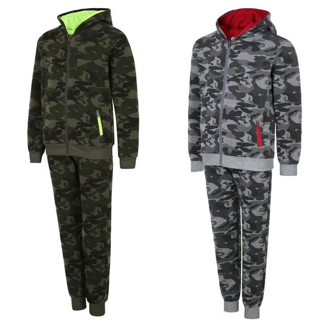 Kids Contrast Detail Camo Tracksuit Hooded Top Boys Girls Jogging Bottoms 5-16 Y