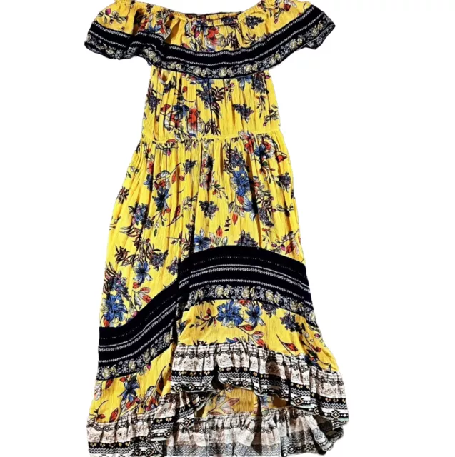 UMGEE Dress Womens Medium Yellow Floral Off The Shoulder High Low Hem Maxi EUC