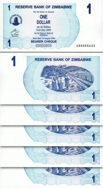 Zimbabwe 1 Dollar 2006 2007, UNC, 5 Pcs LOT, Consecutive, P-37, Bearer Cheque