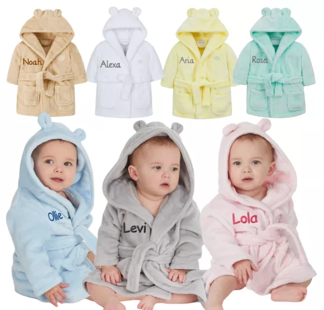 Personalised Embroidered Baby Robe Dressing Gown Hood Toddler Baby Gift Boy Girl