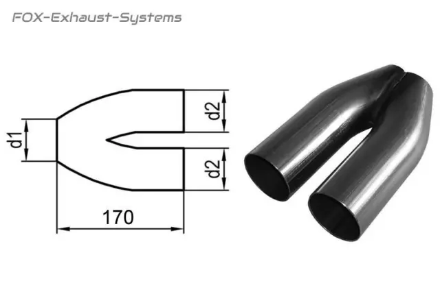 Edelstahl Auspuff Y-Rohr Länge 170mm In/Out 1x55mm/2x55mm