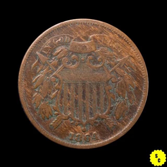 1864 Large Motto Two Cent Piece, VF Condition, Wood Grain Look, First Year #31