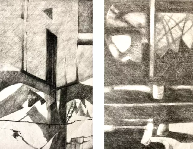 Pair Abstract Charcoal Drawings Art Surreal Shapes 3D Shading Shadow Gothic MCM