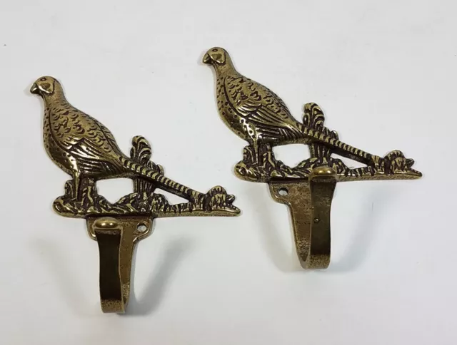 Pair Solid Brass Pheasant Rooster Coat Hooks Bird Hat Hanger Metal Wall Hooks